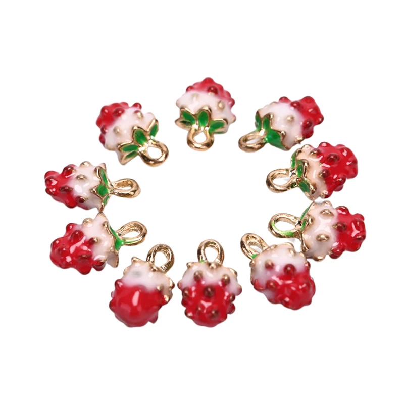 10pcs Hot New Fruit Pendants Findings Metal Alloy Enamel Strawberry Charms Jewelry Fit Bracelets Necklace Keychain Accessories