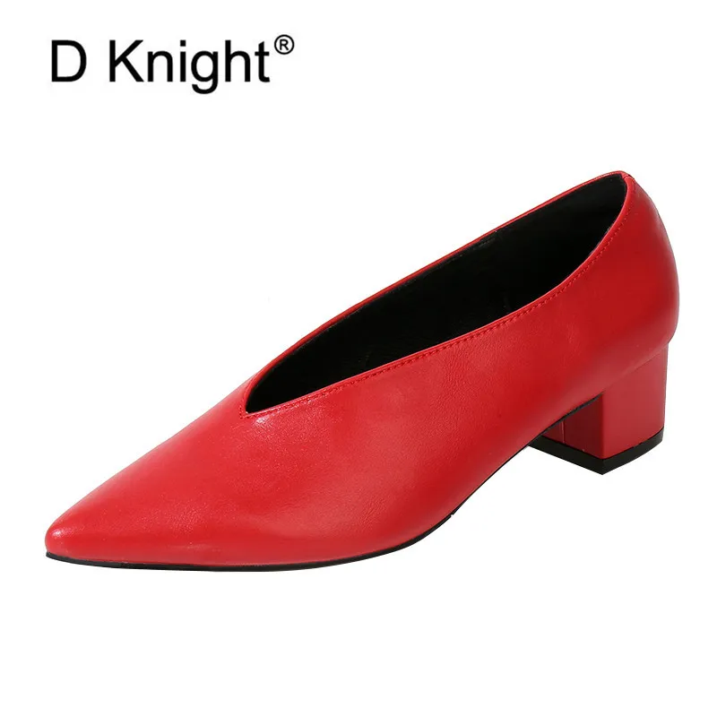 

Spring Autumn New Retro Women Pumps Grandmother Shoes Fashion V mouth Pointed Toe High Heels Genuine Leather Slip On Shoes Women