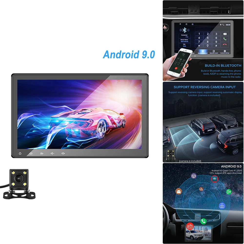 10,1 дюймов 1 DIN Android 9,0 автомобильное радио с GPS навигация по Bluetooth Автомобильный стереоплеер поддержка сенсорного экрана wifi с камерой заднего хода