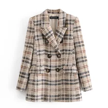 

Za Women 2021 New Fashion Double Breasted Tweed Check Blazer Coat Vintage Long Sleeve Female Outerwear+Casual shorts skirts Suit