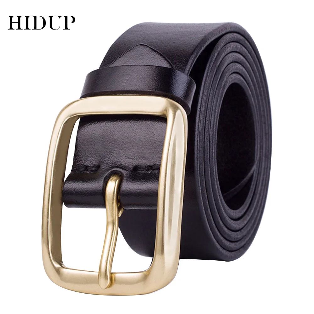 HIDUP Men's Casual Styles Top Quality Design Cow Skin Genuine Leather Belt Brass Pin Buckle Metal Belts Jean Accessories NWJ116