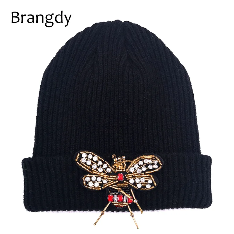 Brangdy Women Bee Knit Beanie Hat Winter Autumn for Ladies Slouchy Cotton Ribbed Skullies Beanies Cap Novelty Bonnet Femme Gorro