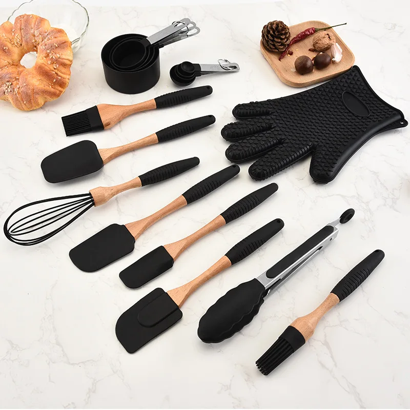  Silicone Wood Turner Soup Spoon Spatula Brush Scraper Pasta Server Gloves Egg Beater Black Kitchen 