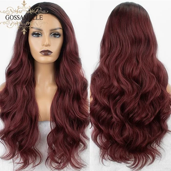 

Gossamelle Ombre Burgundy Synthetic Wig Long Wavy Cosplay Wigs For Women Mixed Black Side Part High Temperature Fiber Hair