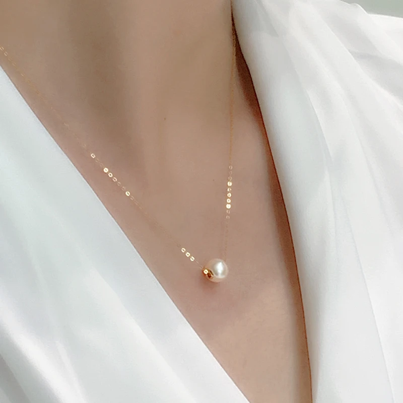 NYMPH 18K желтое золото ожерелье Жемчужное изящное ювелирное изделие 8 9 мм круглый