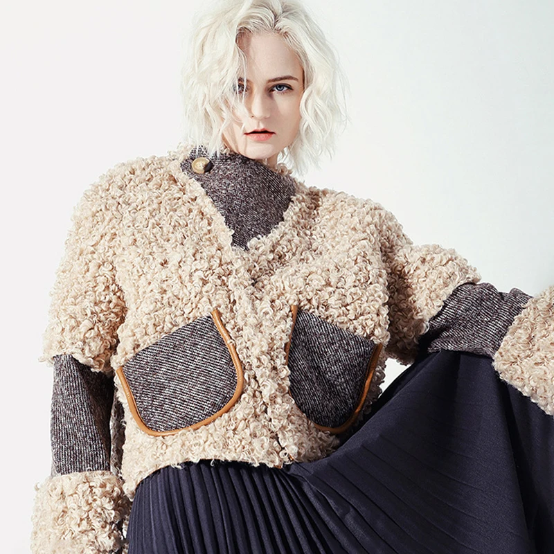 CHICEVER пальто из овечьей шерсти в стиле пэчворк хитовых цветов для женщин, винтажные куртки с круглым вырезом и длинным рукавом, женская