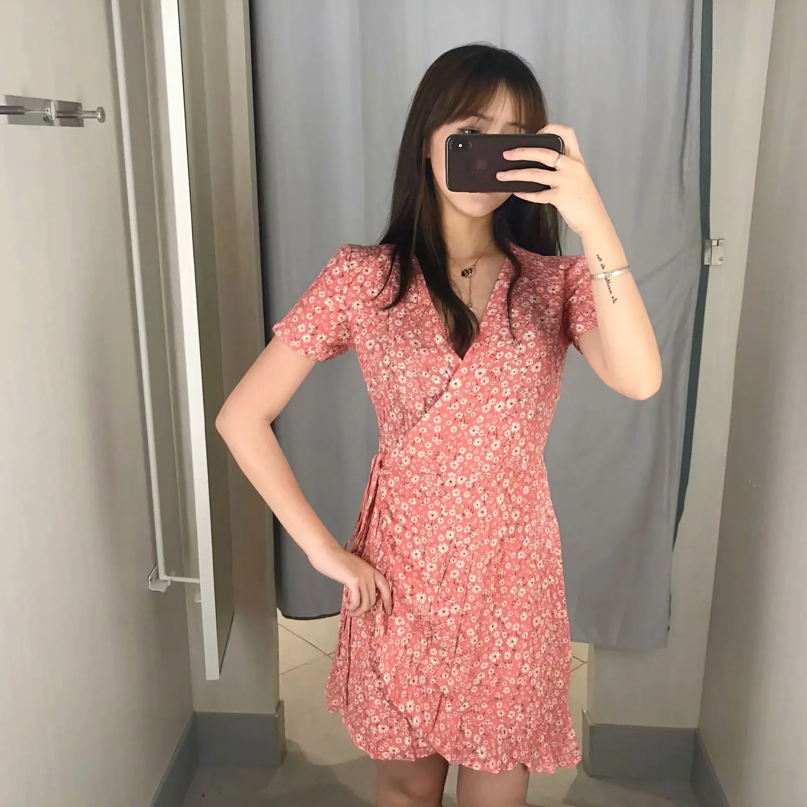

Europe And America 2020 Summer New Style WOMEN'S Dress Versitile Fashion Slim Fit Slimming Short Sleeve V-neck Side Belt Floral-
