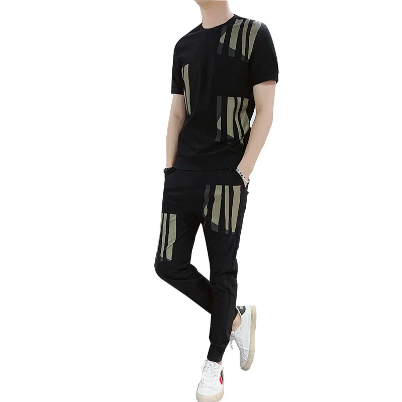 

2019 Summer Men Suit Short Sleeve T-shirt + Pants Sports Men's Two Piece Set Casual Trousers Tracksuit