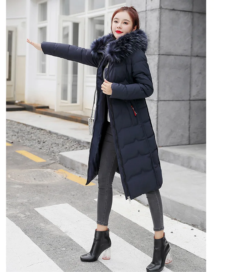 Cotton Hot Sale Solid Full Pockets Zippers Female Long Coat New Slim Parka Padded Jacket Winter Thick Warm Windbreaker