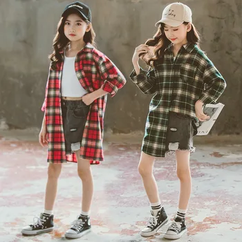 

2020 Autumn New Children Clothing Korean Teenage Girls Long Style Cotton Blouse Kids Girls Plaid Casual Blouse Fashion, #1055