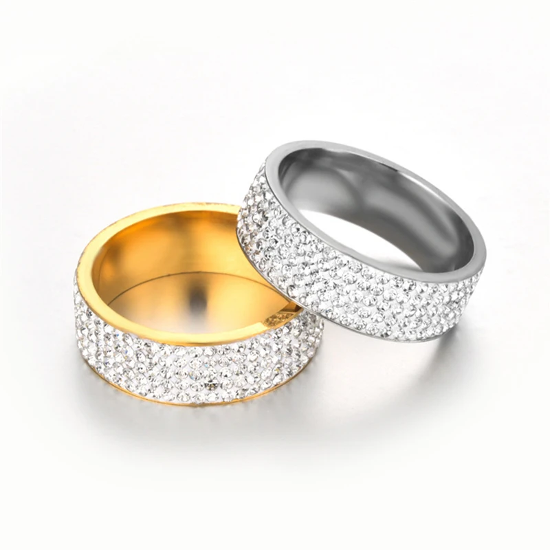 Stainless Steel Ring 5 Rows Gold Color Crystal Ring Wedding Rings for Women Men Jelwery G-144