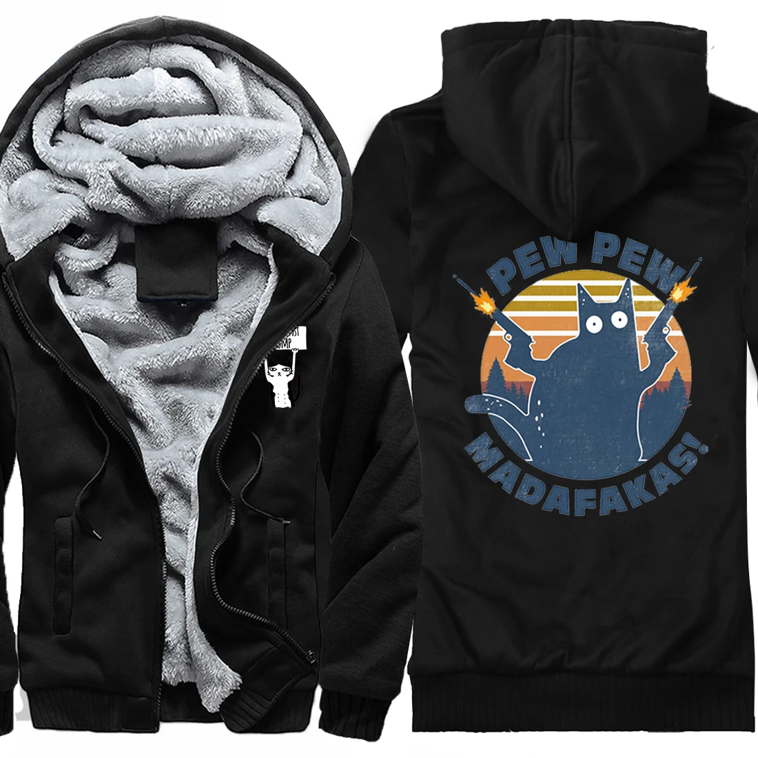 

Pew Pew Madafakas Print Fleece Thicken Coat Male Winter Velvet Keep Warm Thick Jackets 2020 New Fashion Hooded Streetwear Hooded