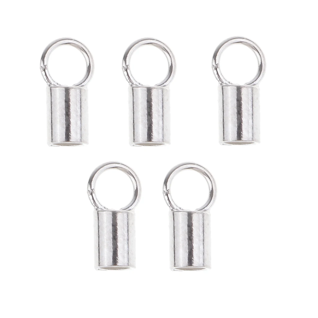 5 Pieces 925 Sterling silver color Tube Crimp Beads Leather Cord End Caps with Loop Jewelry Findings 2mm Inner Diameter