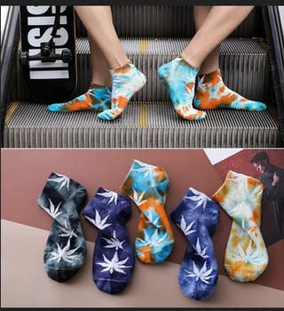 

2020 Fashion Unisex Ankle Socks Breathable Maple Leaves Tie Dye Print Cotton Crew Socks for Men Women