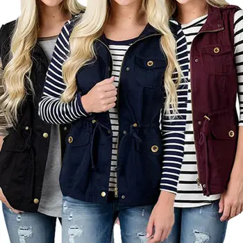 

Women Olive Green Cargo Utility Safari Vest With Pockets Drawstring Fashion Top