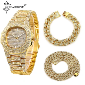 

3 Pcs Necklace+Watch+Bracelet Hip Hop Miami Cuban Chain Gold Color Iced Out Paved Rhinestones CZ Bling Rapper Men Jewelry Joyas