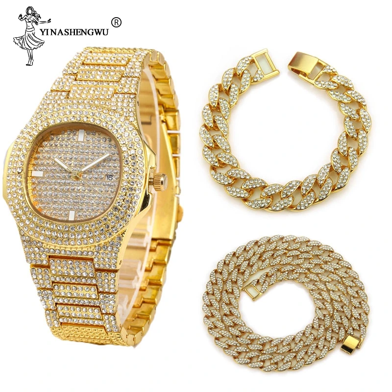3 шт. ожерелье + часы браслет хип хоп кубинская цепочка в стиле Майями золото
