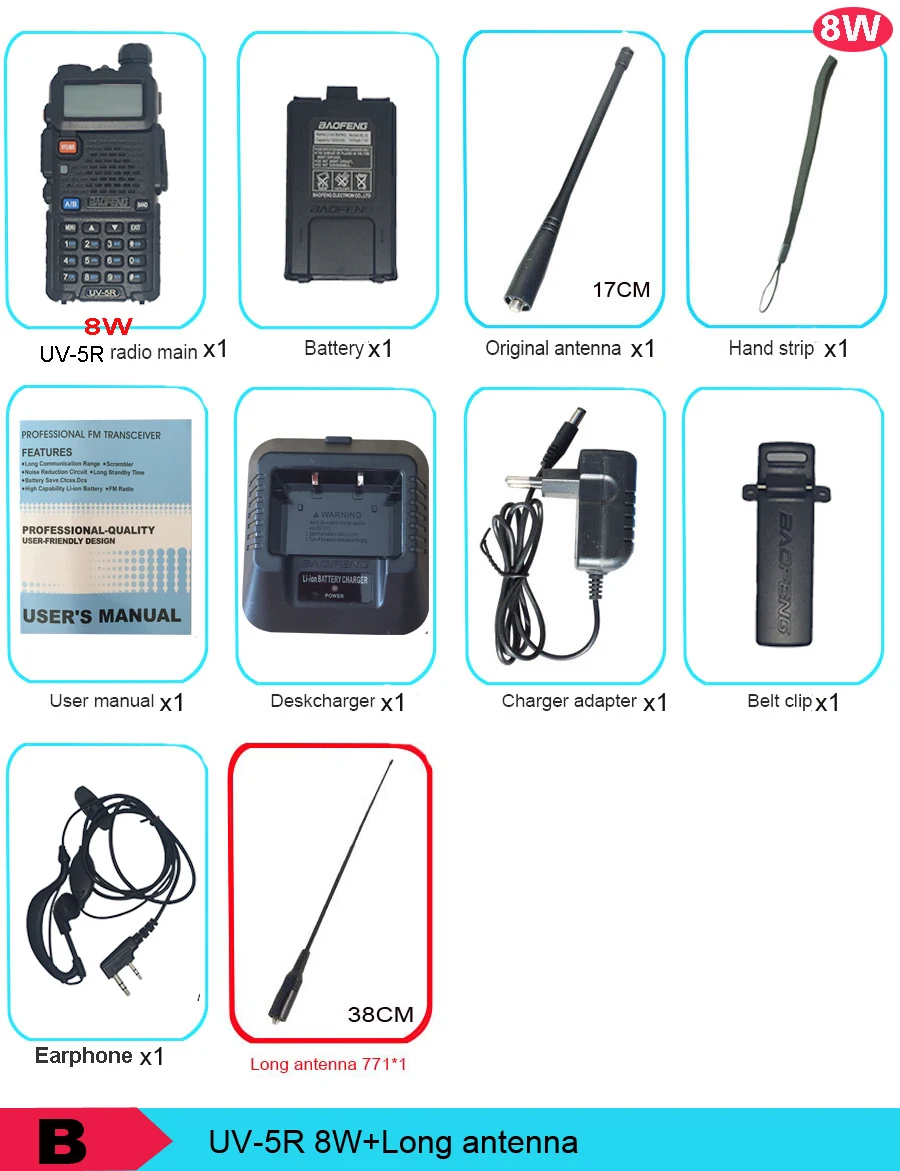 B Высокая мощность 8 Вт baofeng UV-5R портативная рация UV 5R FM VHF/UHF Двухдиапазонная двухсторонняя рация для охотничьих радиоприемников - Цвет: B