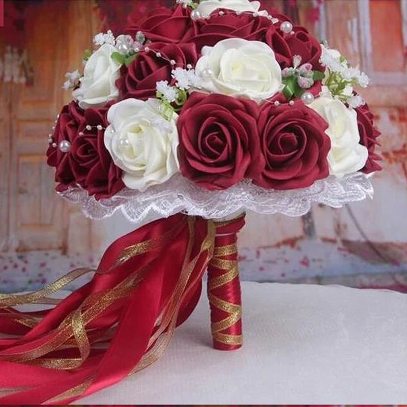 Bouquets de fleurs artificielles en dentelle pour mariée, bouquet de mariage  avec ruban, rouge bordeaux, Rose, perles, pour demoiselle d'honneur |  AliExpress