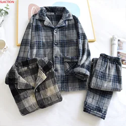 Autumn and Winter New Men's Pajamas Long-sleeved Trousers Two-piece Flannel Thickened Warm Home Service Set Plaid Large Size Men