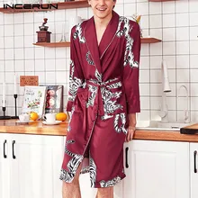 INCERUN, модный сексуальный женский и мужской халат с принтом тигра, атласная пижама с длинным рукавом, домашняя одежда с поясом, комфортная Пижама