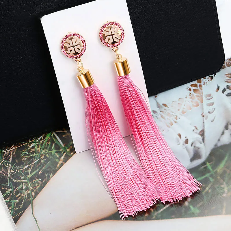 BFH модные богемные длинные серьги с кисточками и кристаллами белые красные шелковые серьги с ниспадающими кисточками для женщин ювелирные изделия - Окраска металла: Pink-B