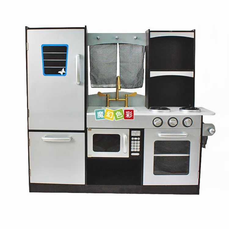 

Hot Selling New Style Black And White with Pattern Wood Model Kitchen with Kitchenware Accessories Complete Children Play House