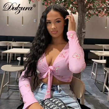 

Dulzura ribbed butterfly print women crop top t shirts bodycon bandage bow tie streetwear 2020 summer clothes cute club party