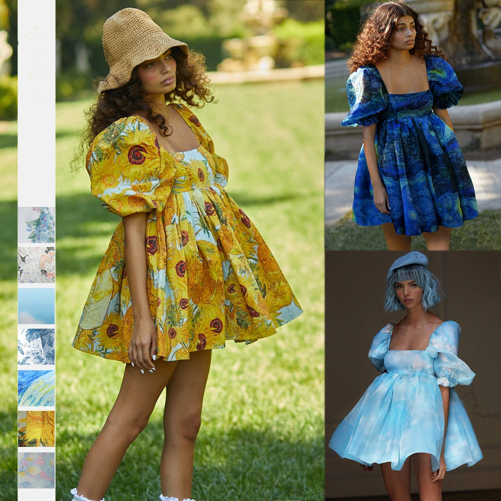 

Summer Women Princess Dress Print Flower Organza Female Sexy Square Neck Elegant Puff Sleeve Mini Club Party Dress Short 2022