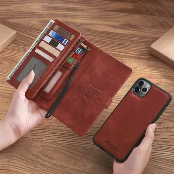 

LAPOPNUT Genuine Leather Magnetic Detachable Case for IPhone SE 2020 11 Pro Xr X Xs MAX 7 8 Plus Flip Zipper Wallet Cover Coque