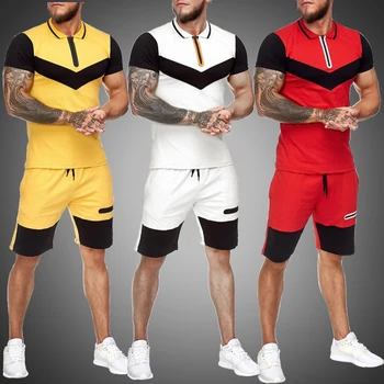 

Men Sweat Suit Two Piece Men Clothing Summer Short Sleeve Shirt Set Summer Tracksuit Sports Wear Men Sets Colorblock 2020 New