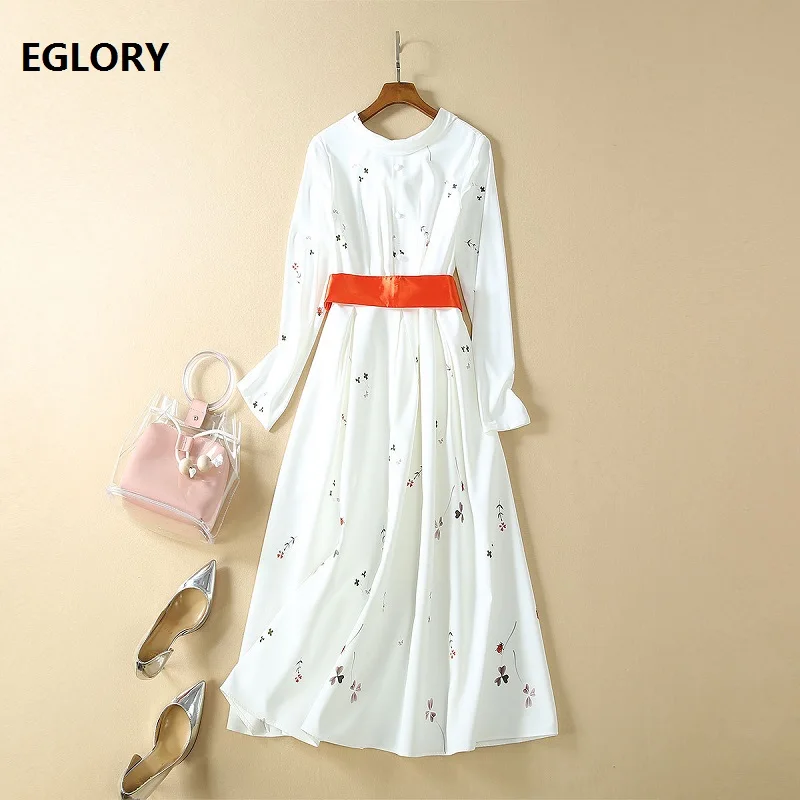 

High Quality Runway Dress 2019 Autumn Style Women Turn-down Collar Elegant Flower Print Orange Belt Patchwork Long Sleeve Dress