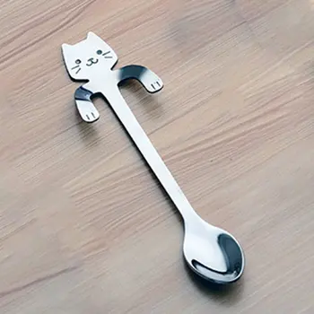 

1pcs Cute Cat Spoons Long Handle Hanging Spoon Coffee Milk Stainless Steel Spoon Flatware Kitchen Tools for Kids Gifts