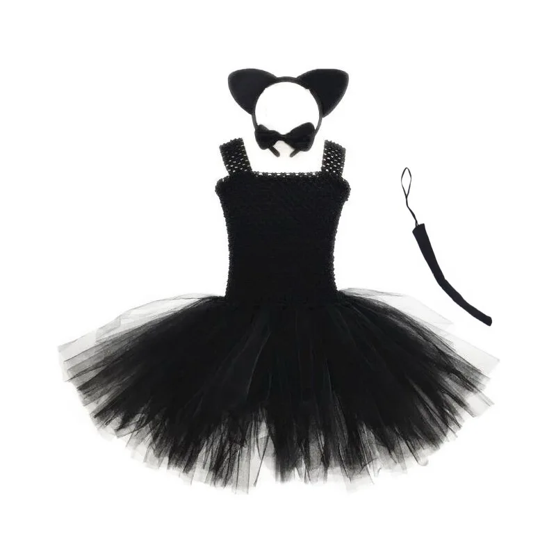 style A Карнавальный костюм для девочек на Хэллоуин с изображением черного кота; детское платье-пачка+ комплект из 3 предметов; аксессуары; тематические вечерние костюмы - Цвет: style A