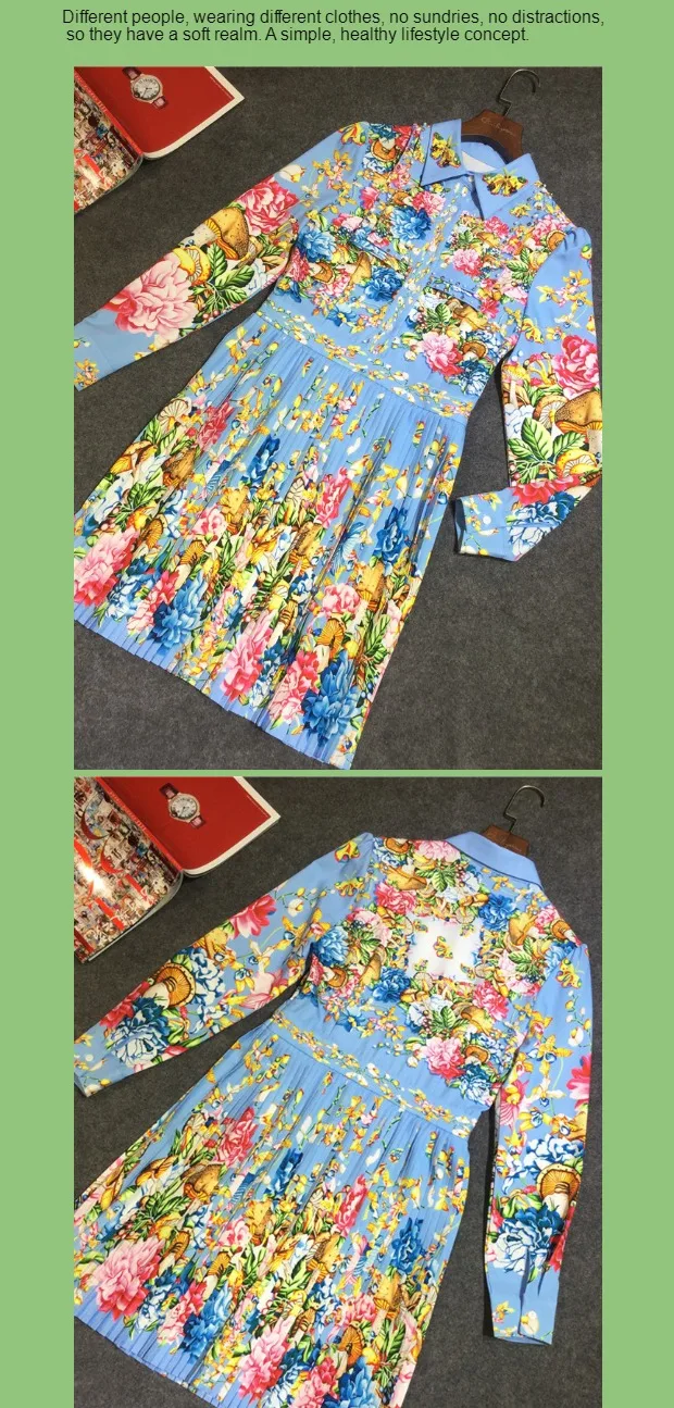 Дизайнерское платье; vestido de outono das mulheres manga longa; Повседневное платье с цветочным принтом; estampado fino plissado elegante vestido