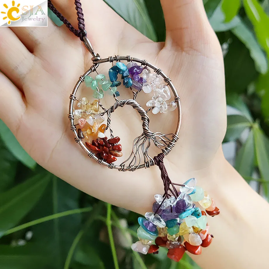 CSJA Natural Crystal Stone Tree of Life Keychain Pendant 7 Chakra