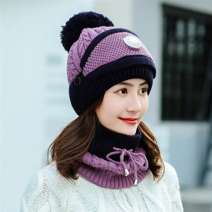 Winter Knit Set Women Girls Patchwork Ball Hat Skullies Beanies Lace-up Scarf O Ring Face Mask Woman Ski Cap 9108