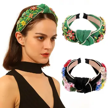

Palace Wide Headband Colorful Faux Crystal Flower Beaded Knot Velvet Hair Hoop