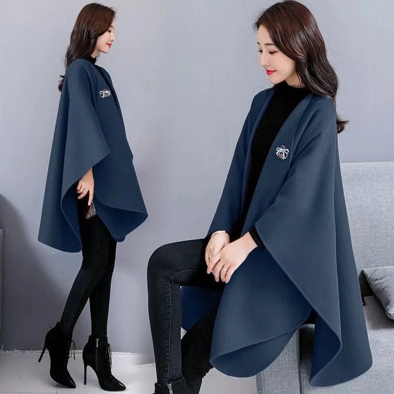 Женское длинное шерстяное пальто, весна-осень, корейская мода, Женское пальто, накидка, шаль, популярное шерстяное пальто