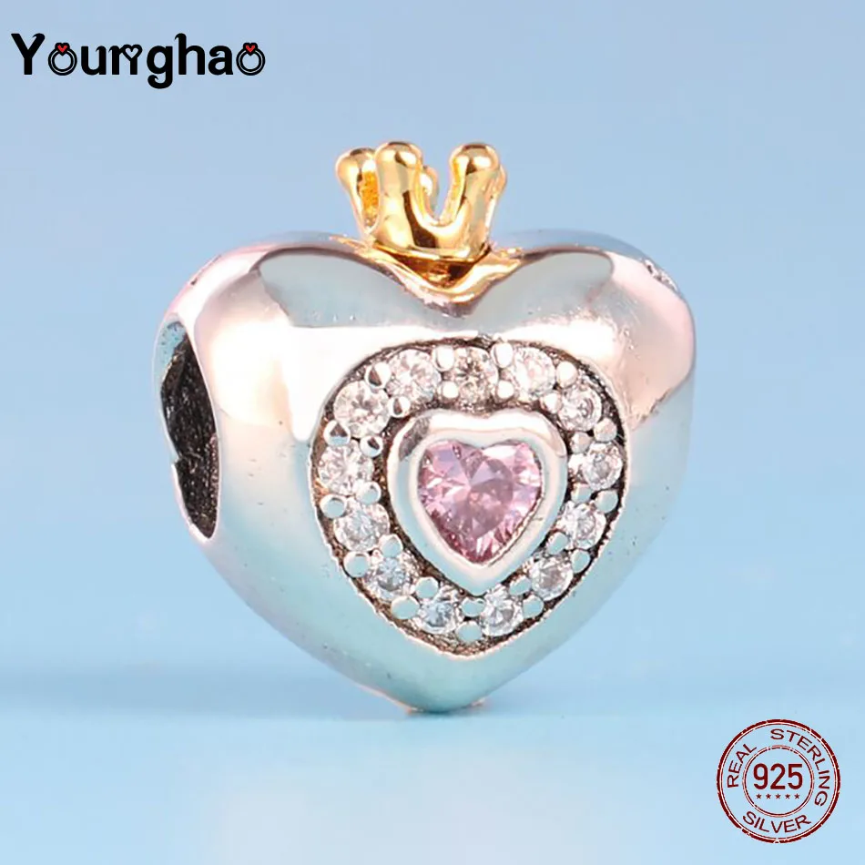 

Younghao Jewelry Fit Original Pandora Charm Bracelet 925 Silver Princess Pink CZ Stone Love Crown Beads for DIY Making Berloque
