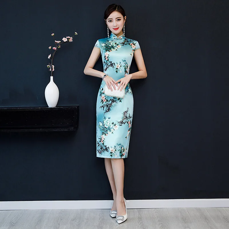 Китайское классическое платье с цветочным принтом Qipao женское элегантное платье Чонсам воротник-стойка Иллюзия молния узкое платье M-5XL