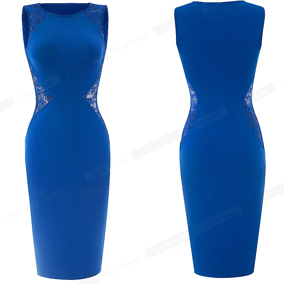Nice forever Элегантное синее кружевное лоскутное платье для вечерние и вечеринок Bodycon