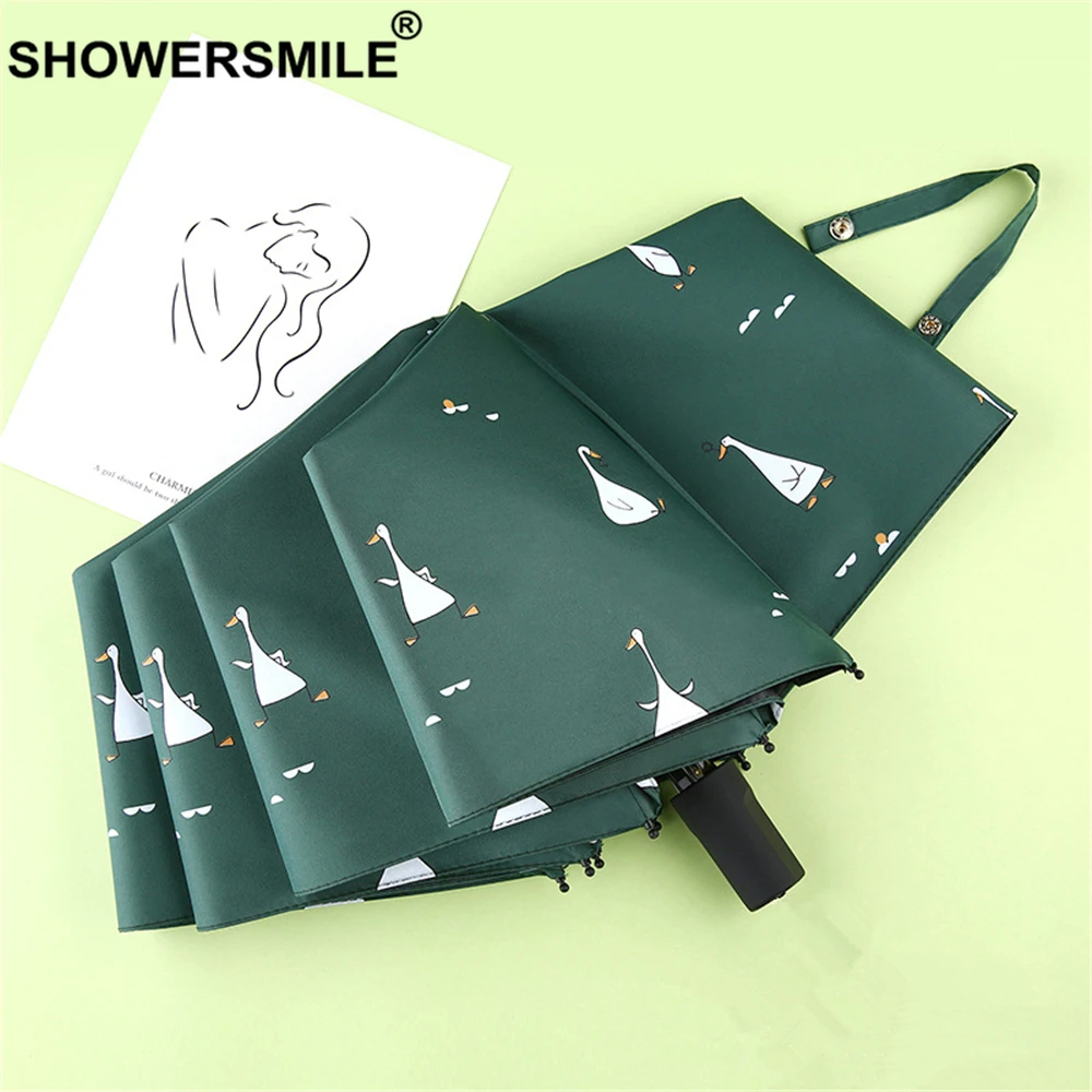 

SHOWERSMILE Umbrella Lady Green Windproof Three Folding Uv Protection Parasol Sun Rain Women Cute Goose Female Parapluie