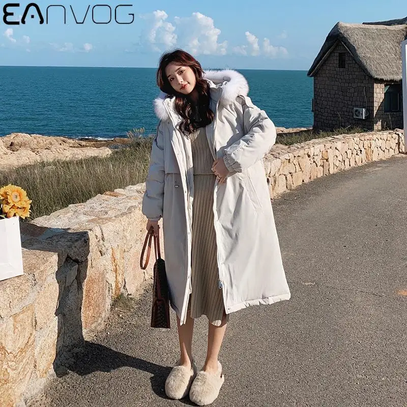 

Warm Zipper Hooded Down Jacket Female Solid Color Loose Coat Outerwear Winter Fashion Down Jacket Long Cotton Casual Windbreaker