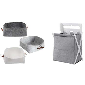 

3Pcs Felt Storage Box Desktop Tray Collecting Basket & 1Pcs Foldable Laundry Storage Bucket Clothes Grey