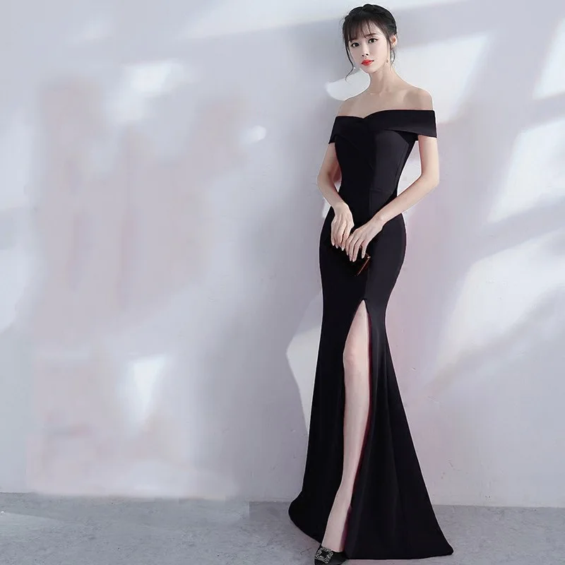 Современный без плеча Cheongsam черный Сплит Тонкий Qi Pao женское традиционное китайское вечернее китайское платье-Ципао Восточный Стиль Вечерние платья
