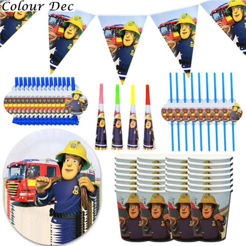 

Fireman Sam Theme Party Decoration Fire Engine Fighter Paper Cup Plate Banners Baby Shower Balloons Kids Birthday Party Supplies