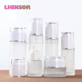 

5pcs/lot Frosted Glass Lotion Bottle Cream Jar Spray Bottles Press Pump with White Acrylic Lid Cosmetic Set Packaging Container