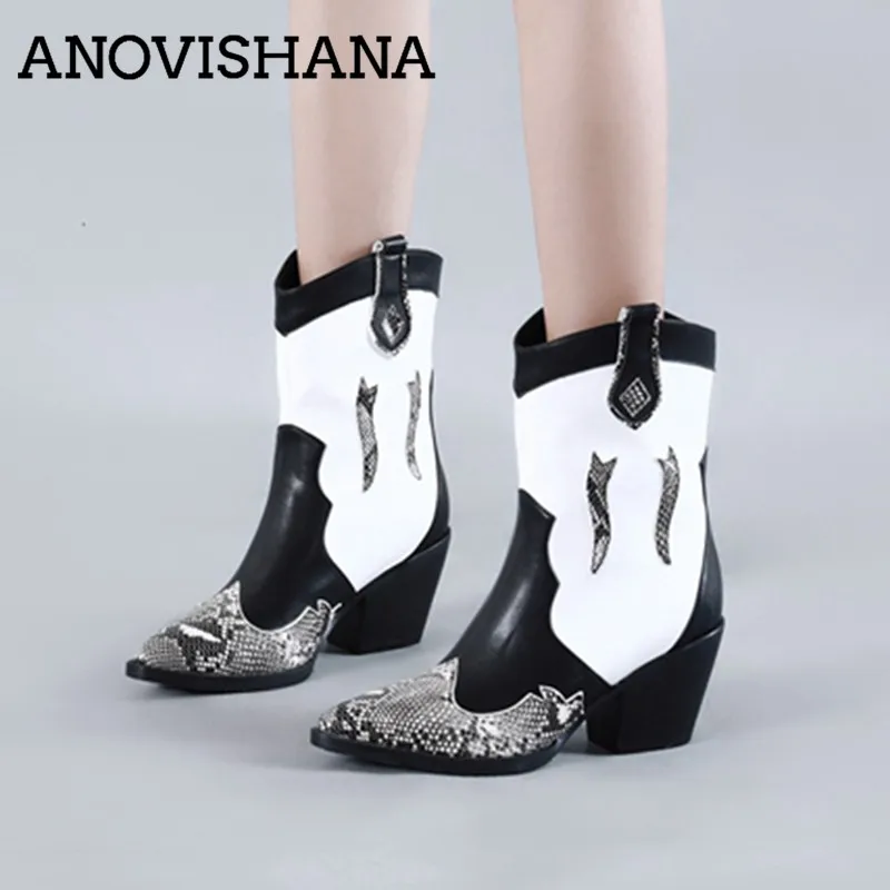 

ANOVISHANA Women's Winter boots designed Wide Calf Boots block heels pointed toe slip on leather shoes Fashion Western booties