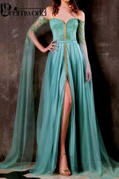 

Elegant Mint Prom Dresses 2020 Off Shoulder Long Sleeves Front Split Lace Tulle Evening Dress robe de soiree Formal Party Gowns